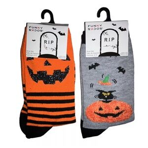 RIP Halloween Crew Socks 2 Pair Women 4-10 Gray Orange w Jack O'lantern Cat Bat
